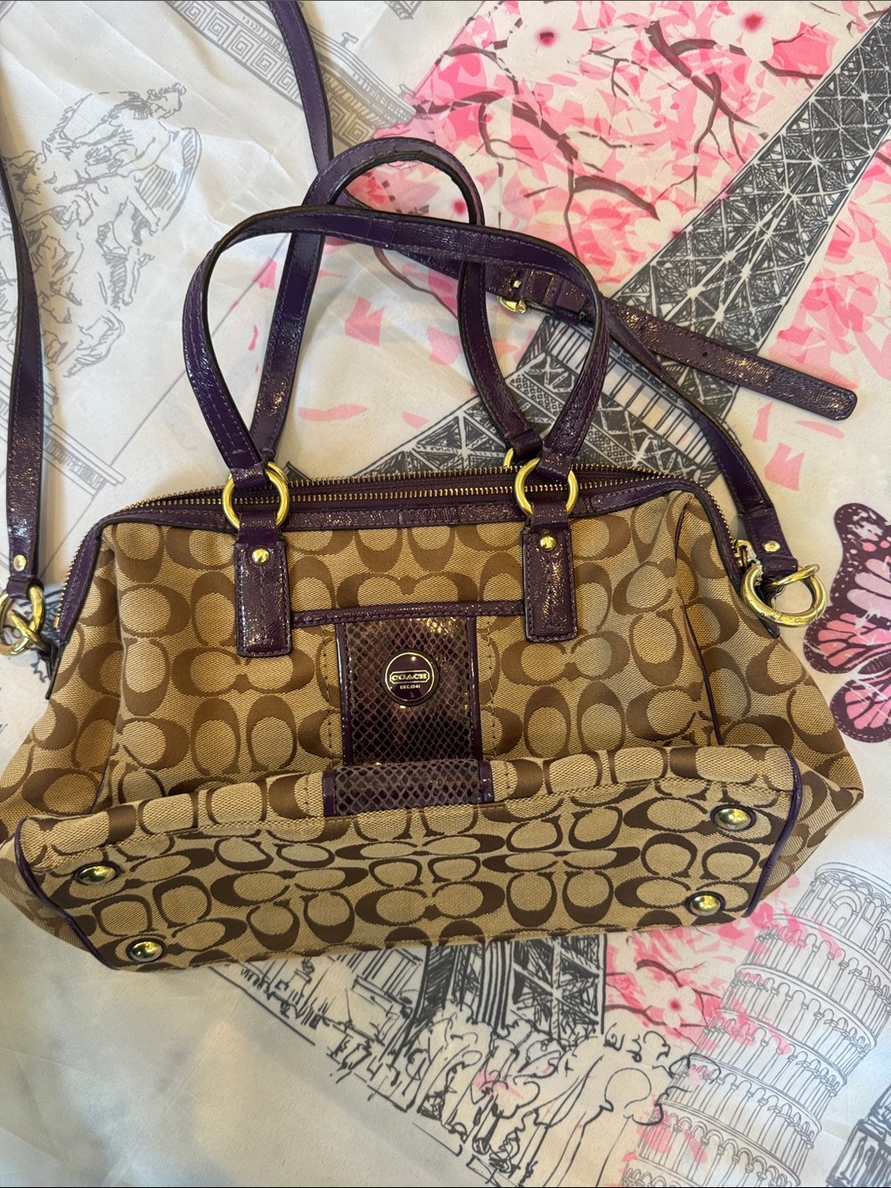 Coach Brown Signature Tote with Purple Leather Trim -USED